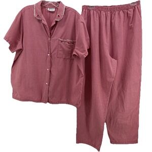 Character Pajama Set Womens Large Red Gingham Cotton Strawberry Lace Trim 2pc